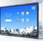 Hikvision 98-inch interactive flat panel with a mountain wallpaper and app icons