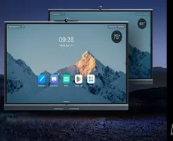 Two Yealink MeetingBoard C EDLA boards showing a mountain wallpaper and a row of app icons